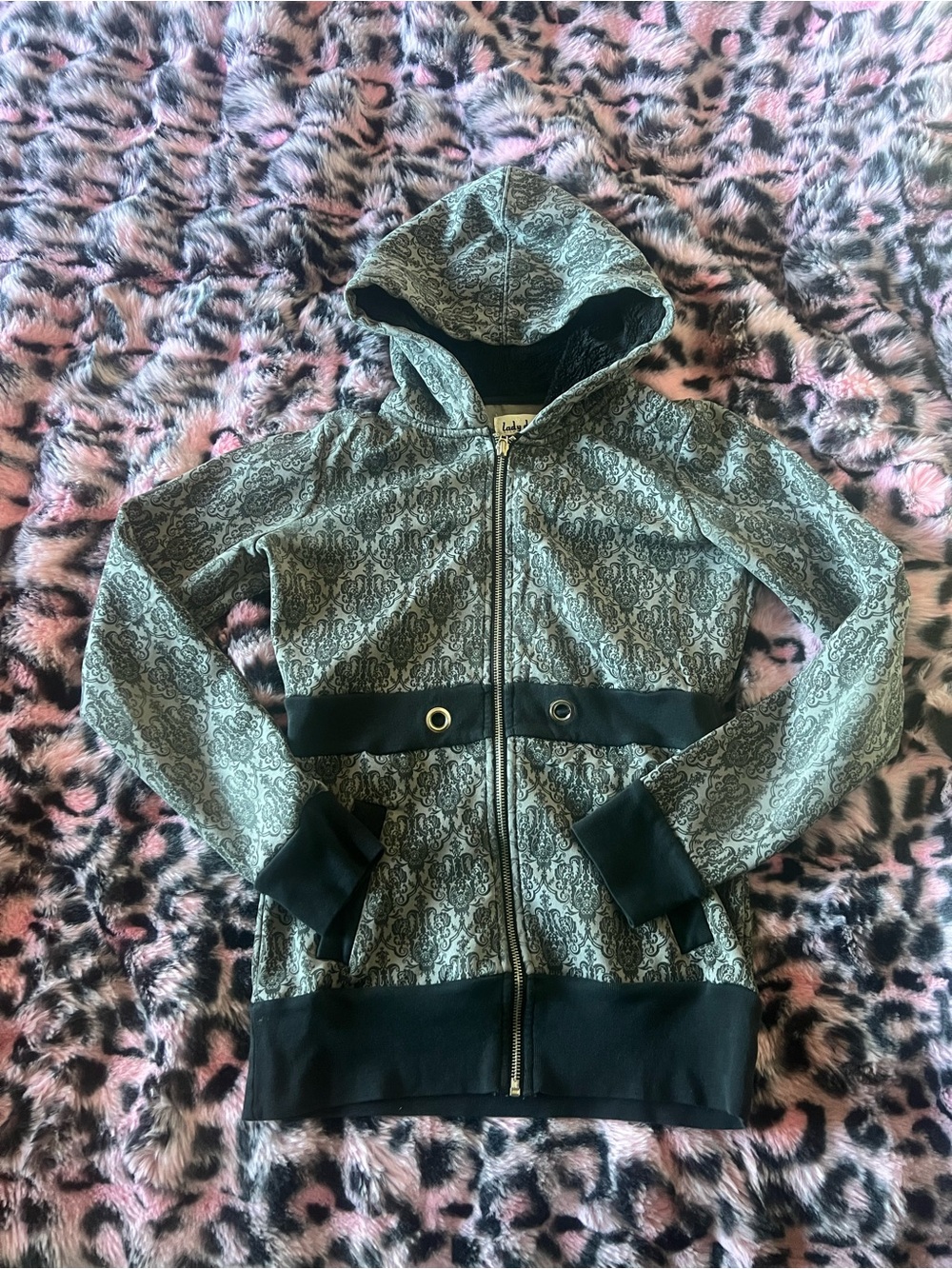 Gray Patterned Hooded Zip Jacket with Black Fur Hood